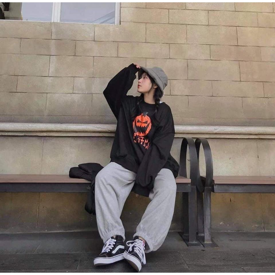 Set Bí Ngô HALOWEEN Unisex/ Đồ bộ nỉ bông form rộng oversize, áo hoodie đen quần jogger xám Ulzzang