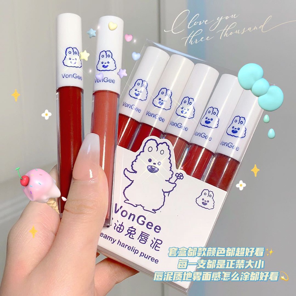 [Hàng mới về] Set 5 son kem lì mịn mượt như nhung thiết kế hình thỏ dễ thương