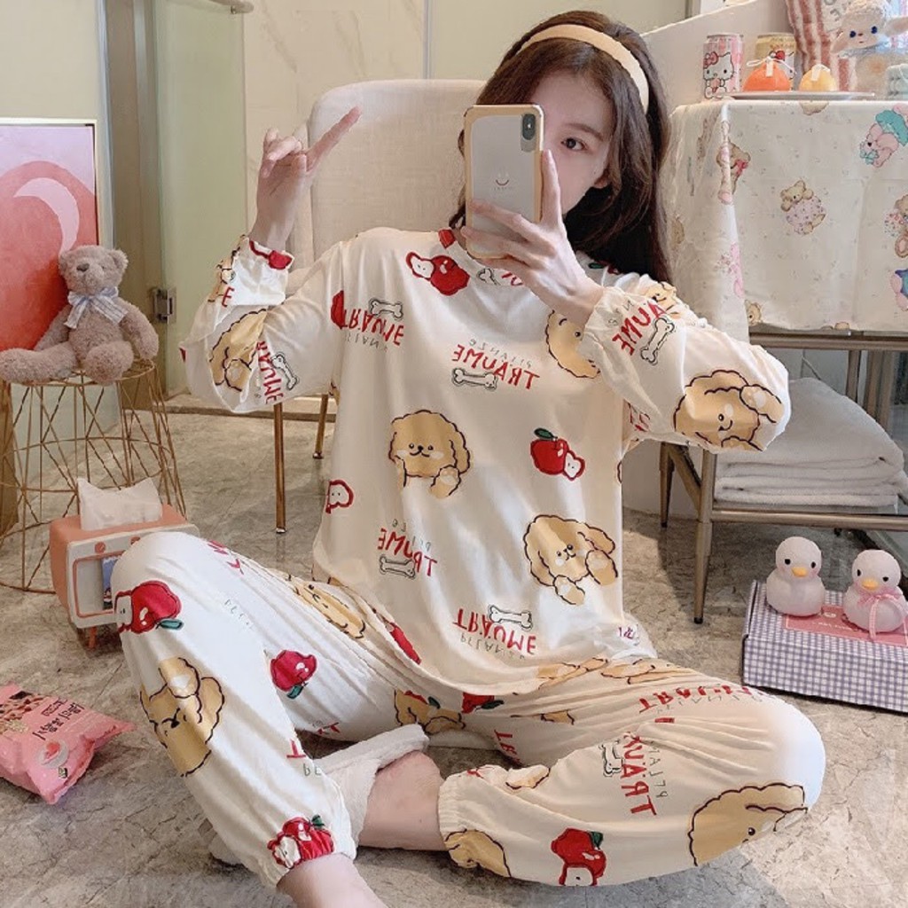 Đồ bộ hoạt hình dễ thương xinh xắn quần dài áo tay dài vải mát dáng rộng thoải mái mặc ngủ mặc nhà dạo phố cho nữ | BigBuy360 - bigbuy360.vn