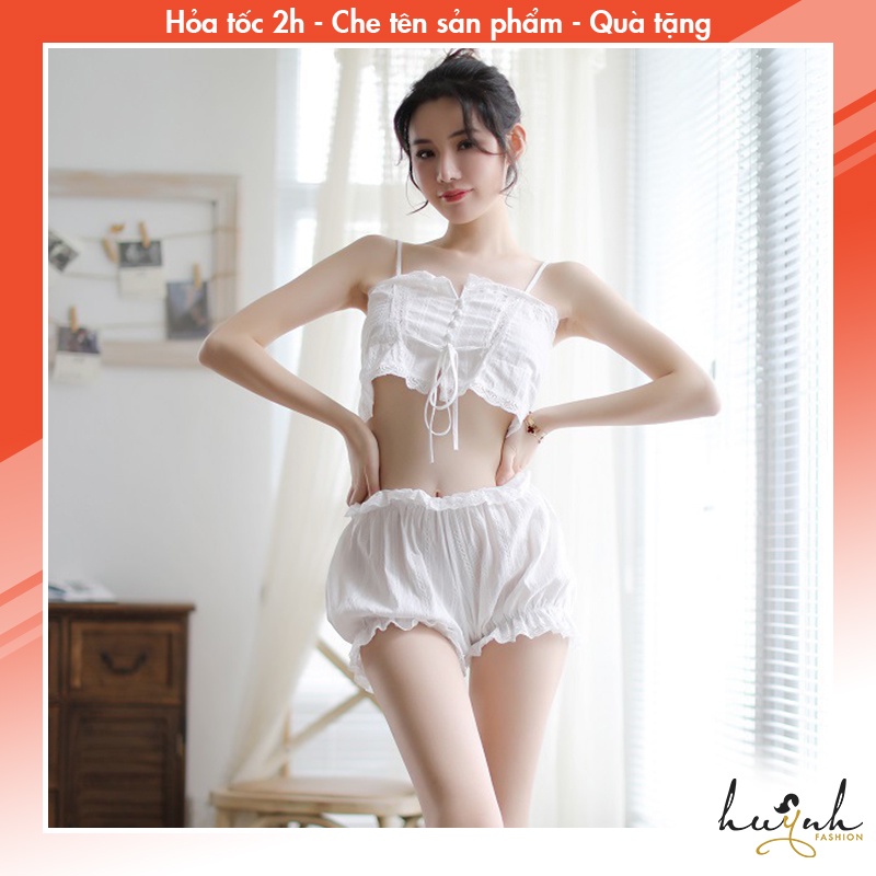 Bộ đồ ngủ croptop tiểu thư hai mảnh dễ thương chất đũi cao cấp- N84