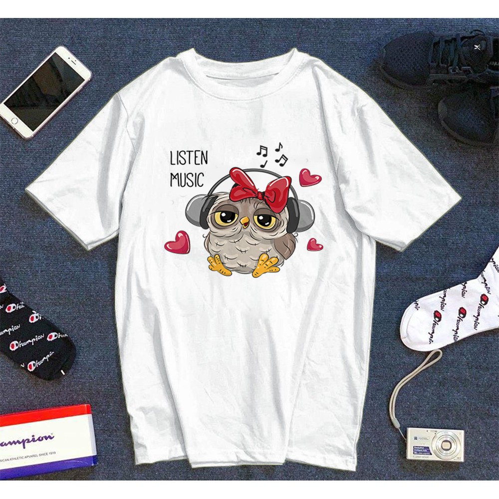 Áo thun Cotton Unisex - Owl Art - Chim cú mèo - Cú con nghe nhạc