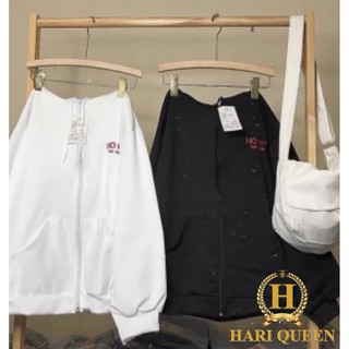 Áo khoác nỉ mũ hai lớp logo OH OH basic HARIQUEEN - Áo nỉ mũ khóa lót bông tay bồng thời trang cá tính