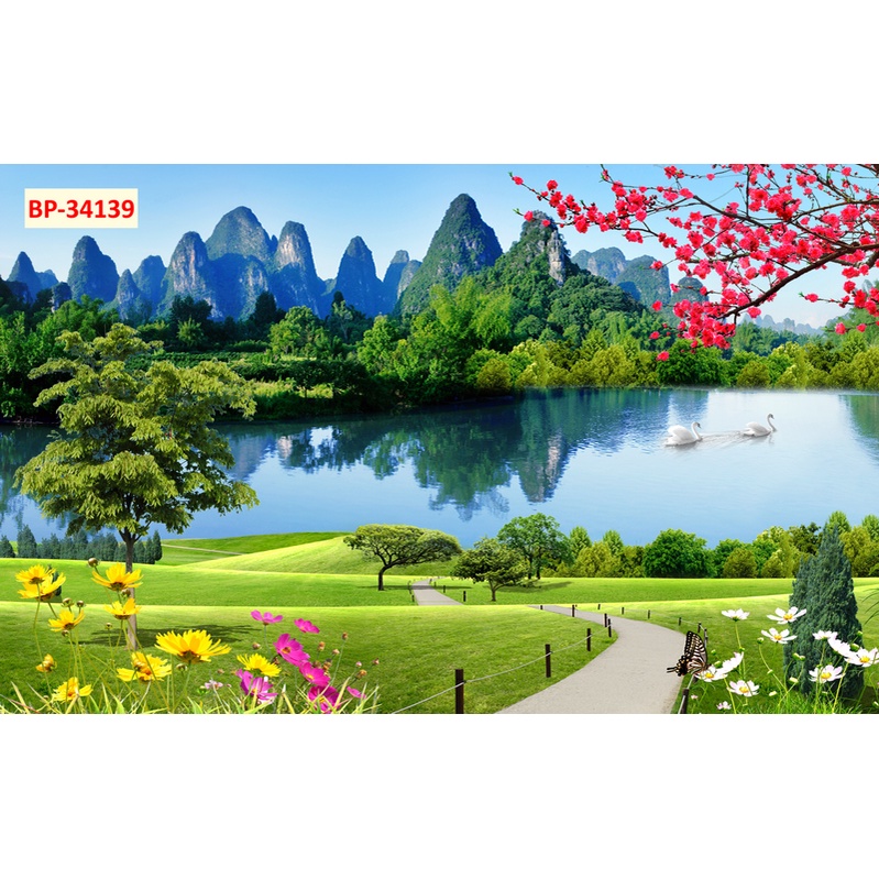 Tranh 3D Thiên Nhiên Đẹp có đồng lúc xanh bát ngát, hồ nước tươi mát, tạo cảm giác bình yên