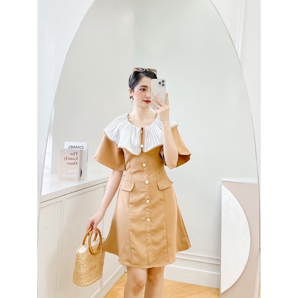 Đầm H6 nút phối cổ xếp ly 2 màu đen/nâu phù hợp đi tiệc đi chơi