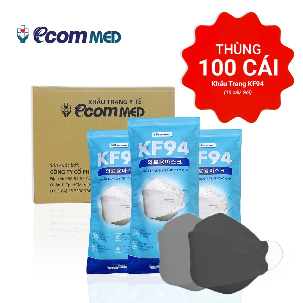 Thùng 100 Khẩu Trang KF94 EcomMed màu Xám &amp; Đen (Bịch 10 cái) Thông Thoáng Không Đau Tai - Đạt chuẩn FDA