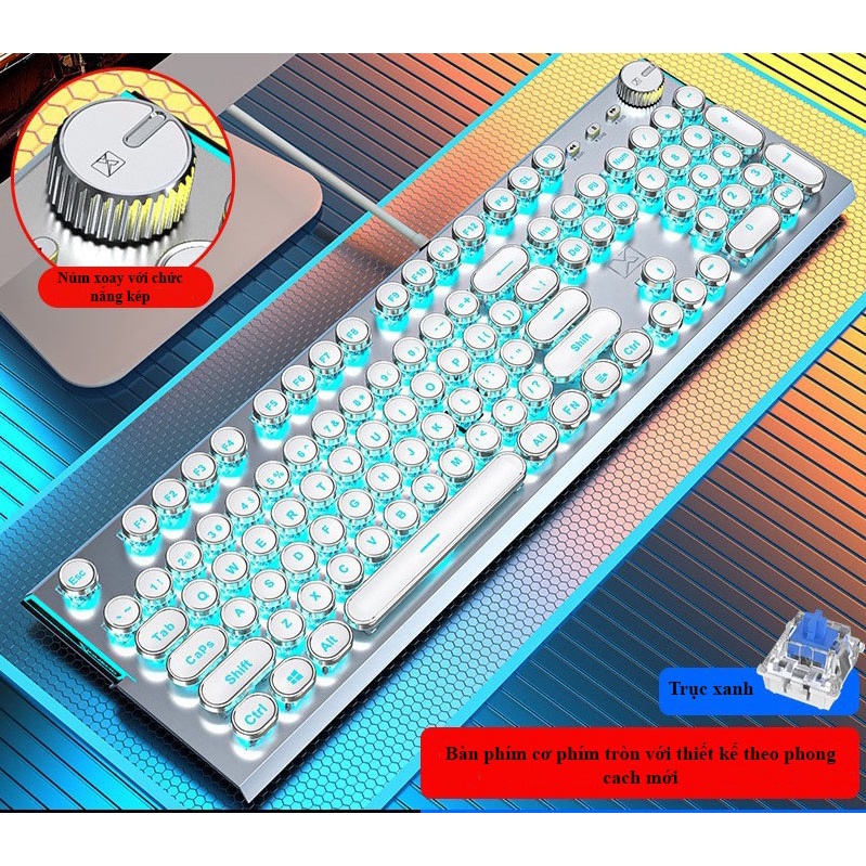 Bàn phím cơ Blue switch XinMeng K901, Bàn phím gaming chính hãng led RGB Phím tròn mạ bạc cá tính có núm xoay đa năng