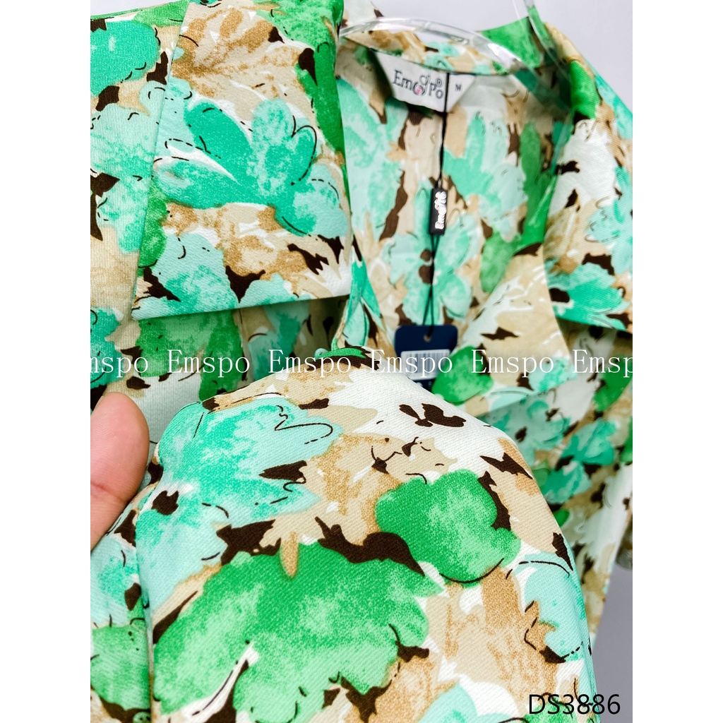 Đầm hoa xòe cổ bẻ, tà bong chân váy Emspo DS3886 (Xanh, Xanh lá)