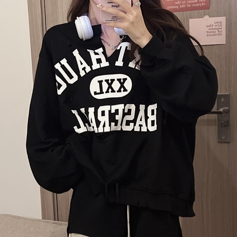 ZHELIHANGFEI Áo Thun Tay Dài Dáng Rộng Thiết Kế Rách Cá Tính Hợp Thời Trang