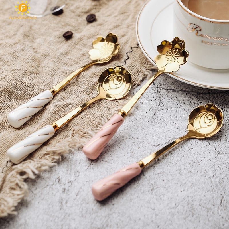 Thép không Gỉ Muỗng hình bông hoa thìa súp với eramic xử lý Sáng Tạo Dễ Thương Ice Cream Muỗng Khuấy trà Muỗng Cà Phê mạ Vàng Bộ Đồ Ăn FLOWERDANCE