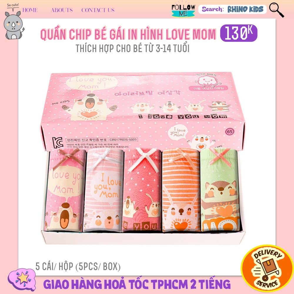 Combo 5 Quần chip cho bé gái in hình Love mom chất liệu cotton phong cách Hàn Quốc