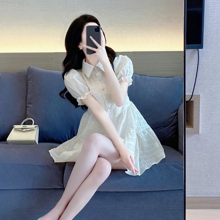 Dress woman summer sweet 2022 new small French style thin pleated bubble sleeve shirt a-shaped skirt