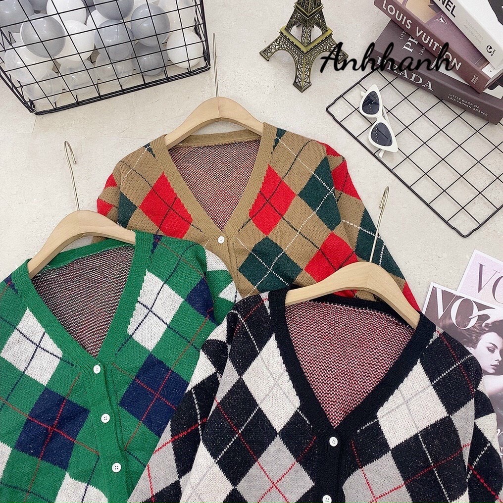 Áo cardigan mỏng hình quả trám Junnie Closet Áo len họa tiết 2 màu xanh lá be Hàn Quốc hottrend