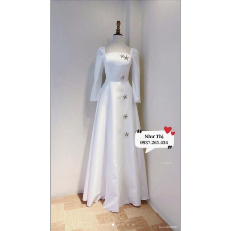(miễn phí chỉnh váy) có big Size đầm dạ hội phi trắng tay dài + cài đá ngôi sao, đầm cô dâu đơn giản,  đầm trắng dài | BigBuy360 - bigbuy360.vn