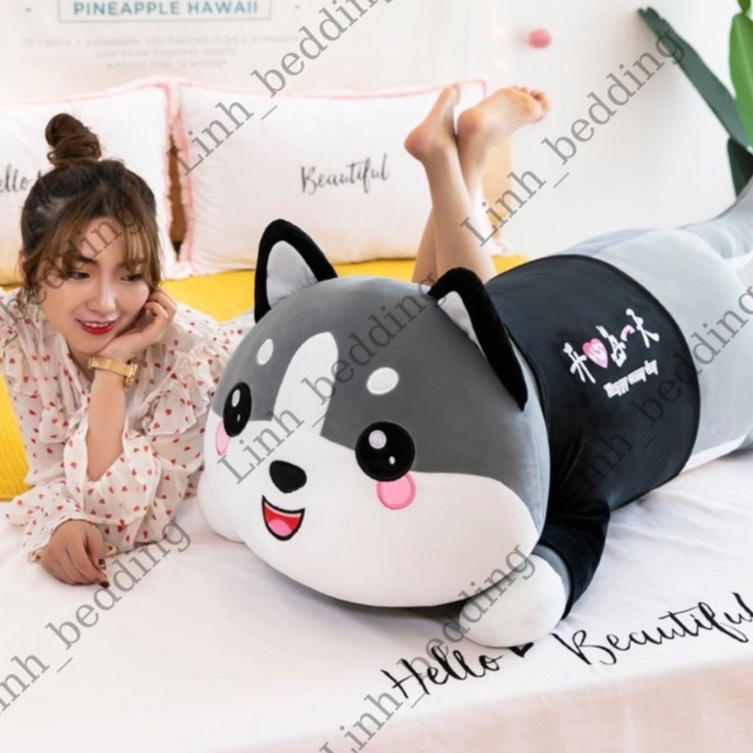 Gấu bông mèo bi xám khổng lồ, Thú nhồi bông mèo Husky - Chất liệu vải nhung cao cấp