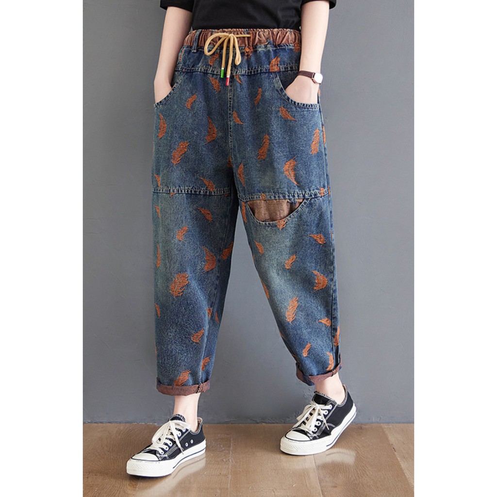 Quần bò bigsize cạp chun họa tiết trẻ trung