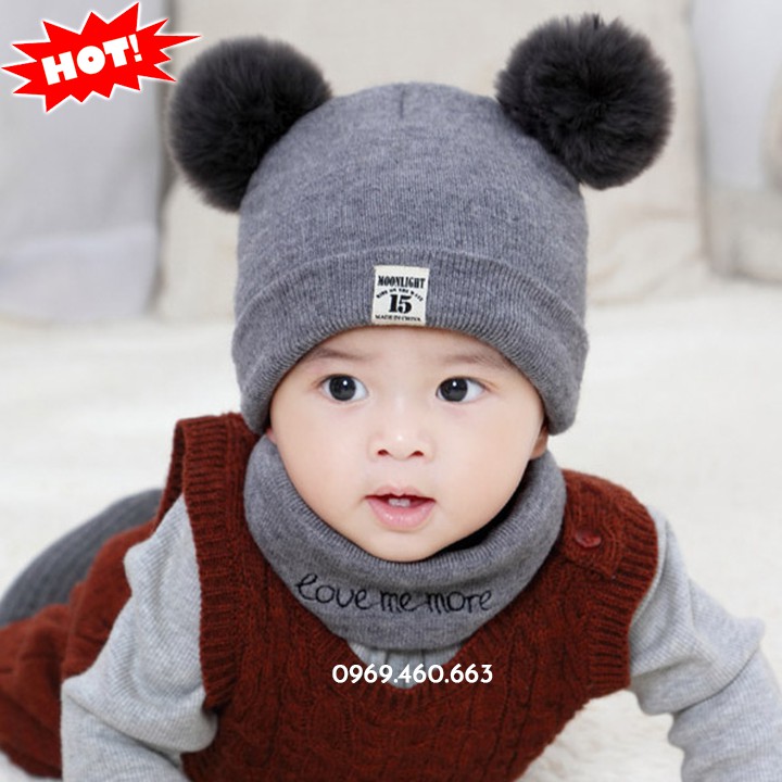 XẢ HÀNG Bộ Khăn Mũ Len Cho Bé Trai Bé Gái. Nón Len Hai Quả Bông + Khăn Cổ Siêu Xinh. Mũ Cho Bé từ 1 Tháng Đến 2 Tuổi