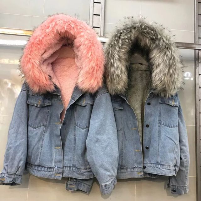 Áo khoác jeans lót lông mũ lông