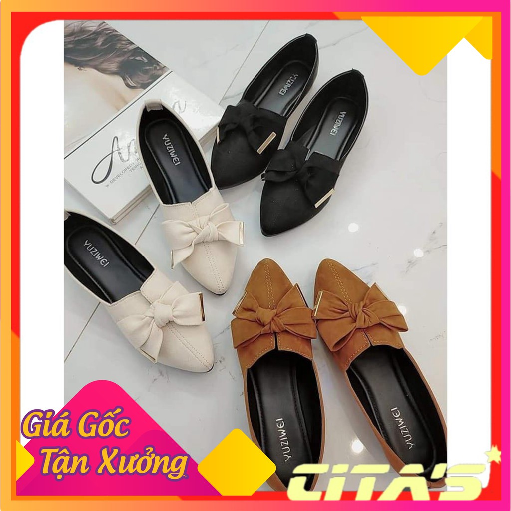 Giày nữ mũi nhọn phối nơ chất liệu da lộn - Giày nữ - Giày phối nơ mẫu hot nhất 2020 - Citashoes