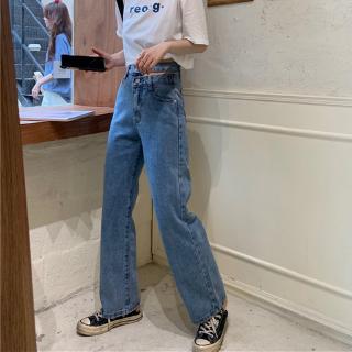 Quần Jean Dài Lưng Cao Ống Đứng Phối Rách Cá Tính Cho Nữ