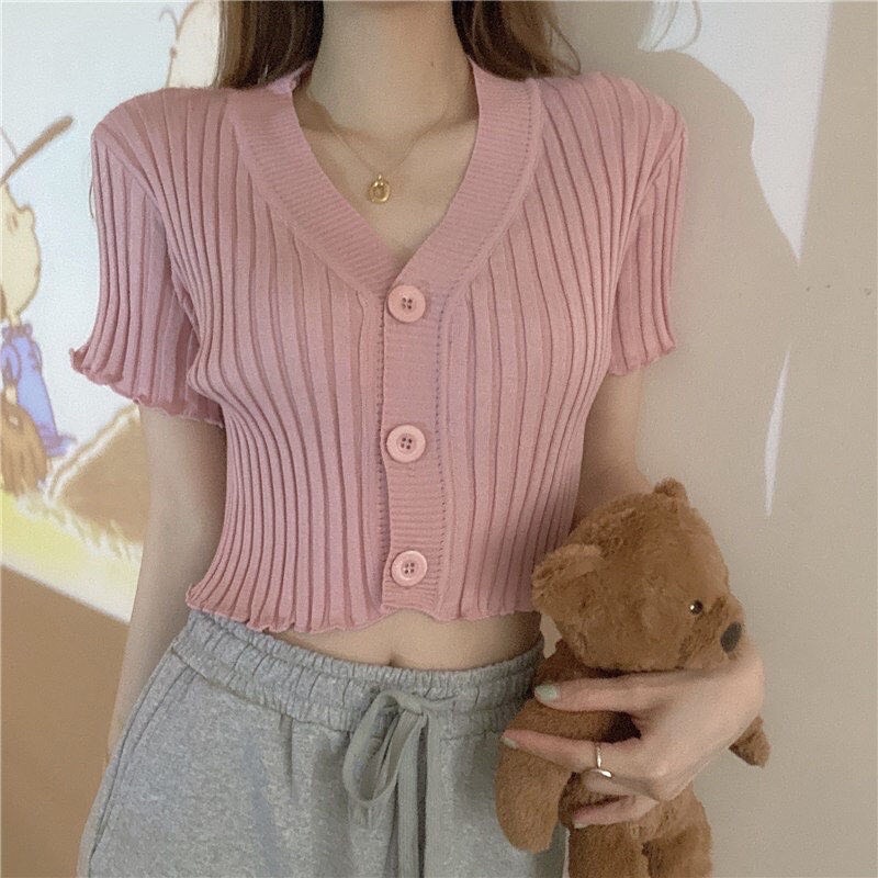 Áo croptop nữ tay ngắn cài nút, Áo croptop kiểu Hàn Quốc vải co dãn ôm dáng SUNA FASHION từ 42 - 56kg