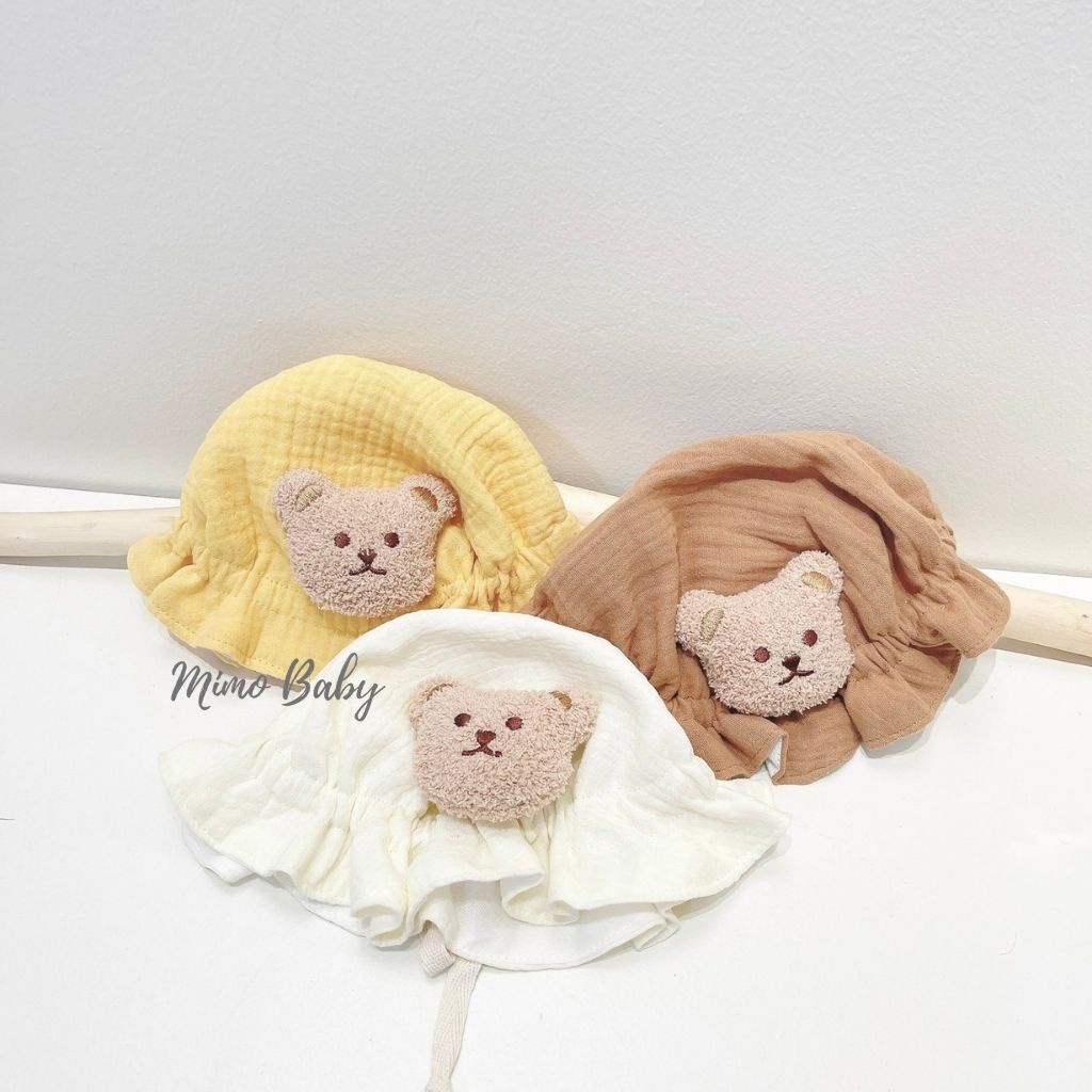 Mũ tai bèo vải xô muslin đính cây nấm, gấu xù siêu đáng yêu cho bé MH139 Mimo Baby