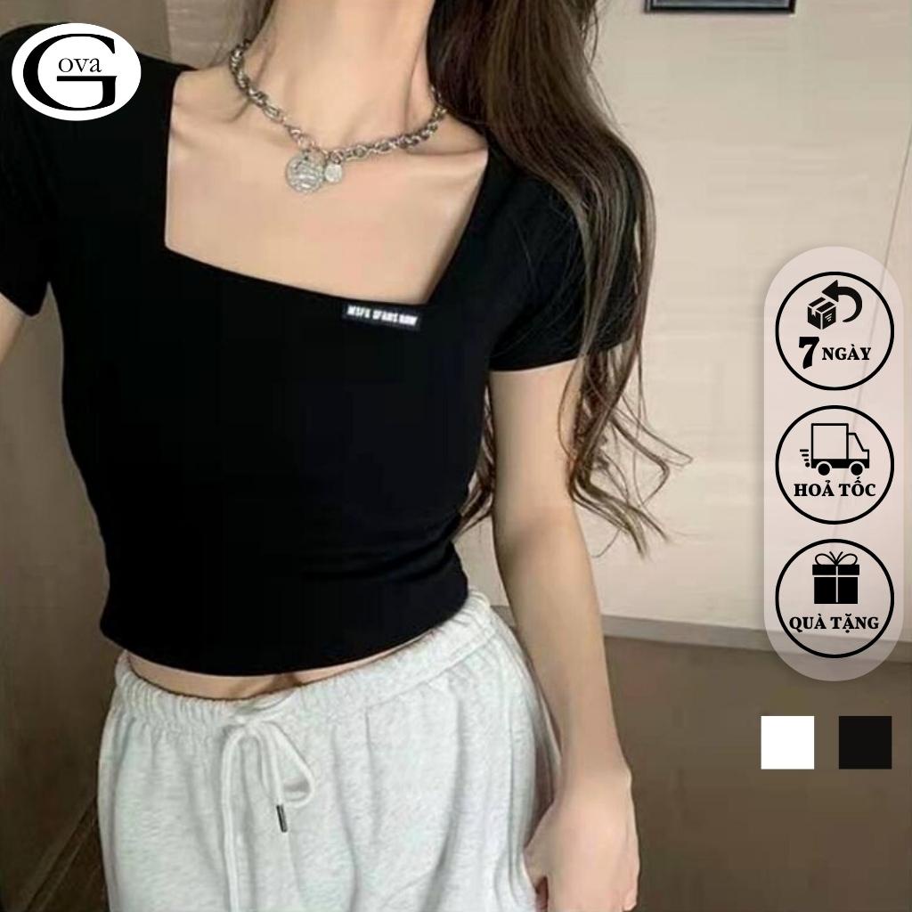 Áo Croptop GẮN LOGO CỔ VUÔNG Thun Gân Kiểu Sexy Nữ, Áo Thun Ôm Body Đẹp GOVA