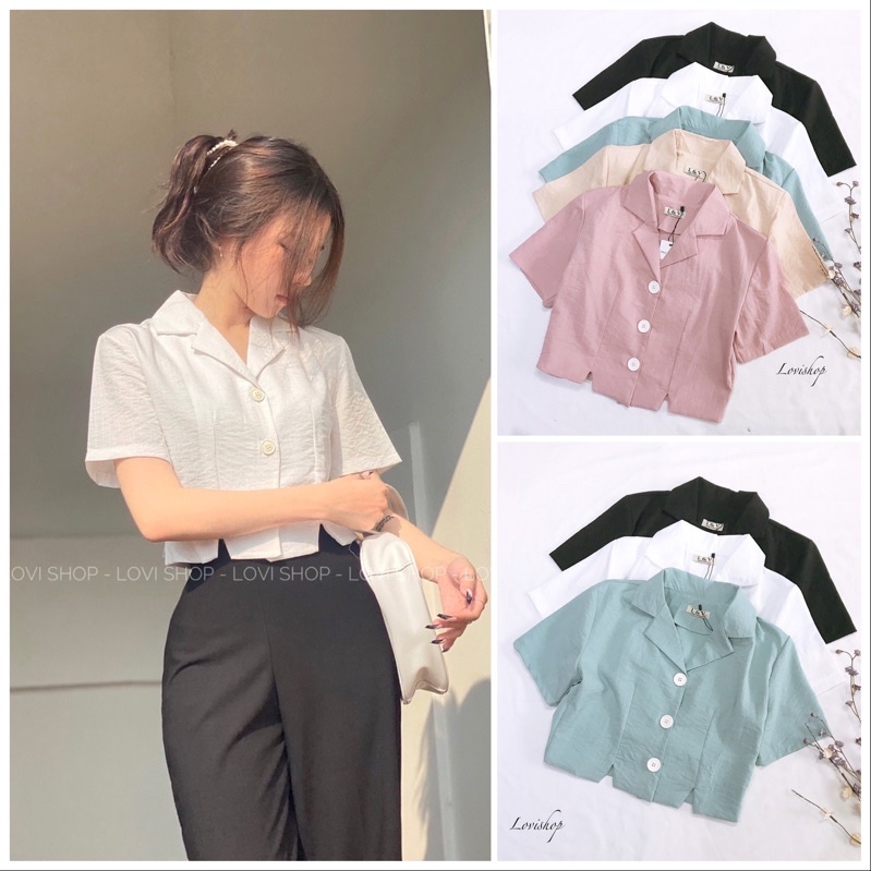 Áo Cổ Vest Áo Sơ mi Croptop cổ vét trơn nhiều màu