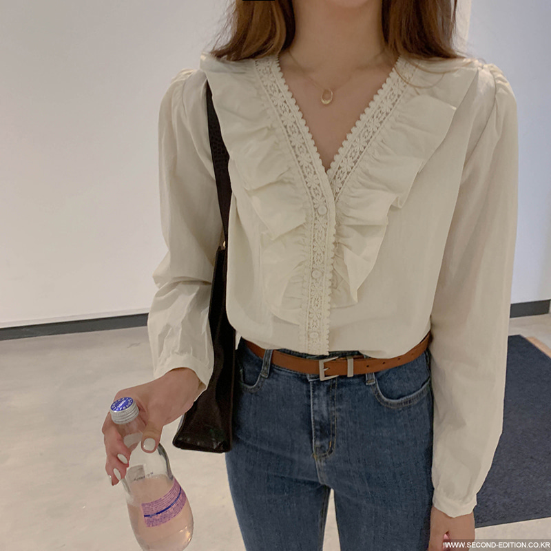 Áo sơ mi dài tay cổ V phong cách Hàn Quốc nữ tính dịu dàng