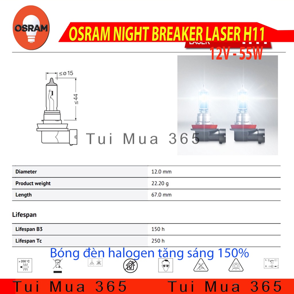 Bóng đèn OSRAM halogen tăng sáng 150% 12v 55w NIGHT BREAKER LASER H11