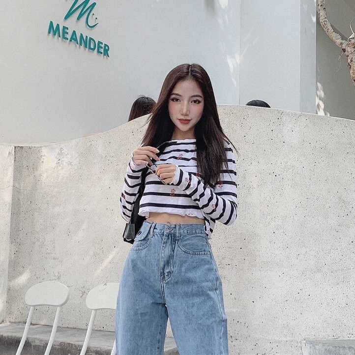 Áo Croptop Thun Cotton, Sọc Xanh Trắng , Tay Dài Siêu Cute Dành Cho Các Nàng, Dễ Dàng Phối Với Các Loại Quần Jeans