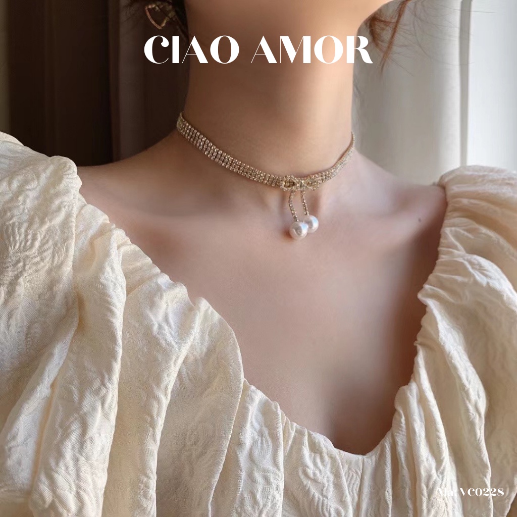 Dây chuyền nữ, vòng cổ, chocker đá 3 lớp đính nơ ngọc Trang sức Ciao Amor - VC0228