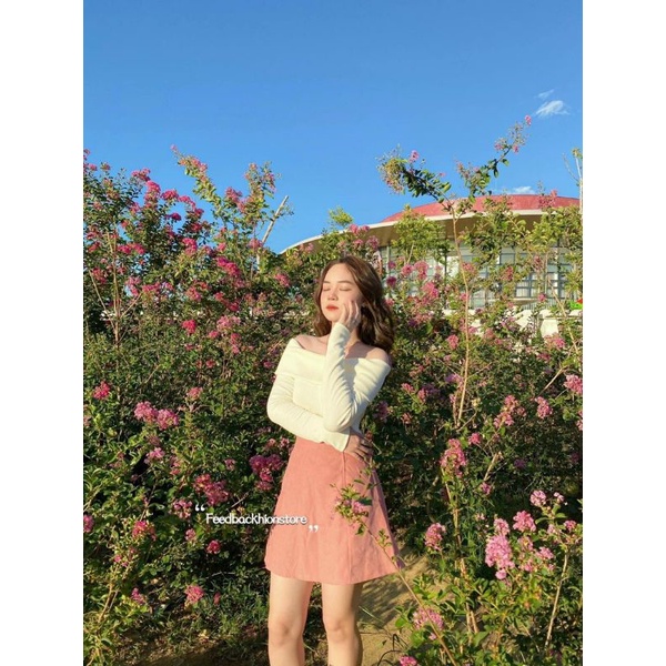 Set Váy Áo Set Chân Váy Chữ A Hồng Mix Áo Len Bẹt Vai Tay Dài HotGirl | BigBuy360 - bigbuy360.vn