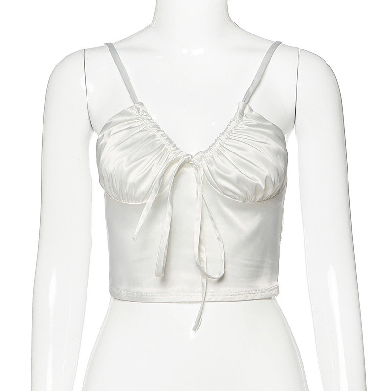 DUNEA Áo Croptop Hai Dây Cổ Chữ V Phối Bèo Màu Trơn Quyến Rũ Cho Nữ