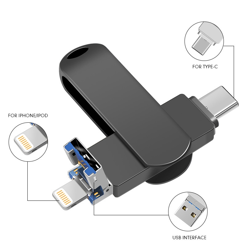 Ổ đĩa flash USB OTG cho loại C/Iphone 16/32/64/128/256/512GB 3 trong 1 bằng kim loại