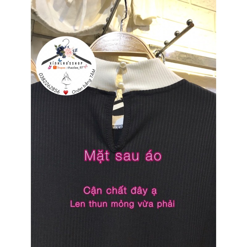 Áo Len Thun Đen Cổ Nơ Trắng