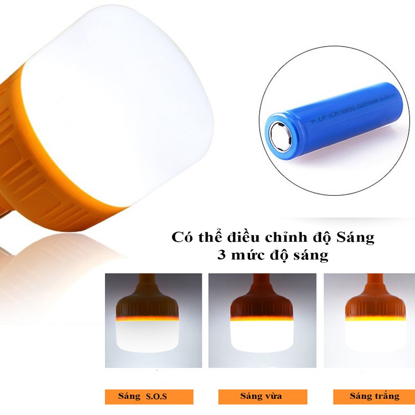 Bóng đèn LED sạc tích điện 80W với 3 chế độ sáng, chống nước, dùng khi mất điện, bán hàng, cắm trại, du lịch NĐ 9506