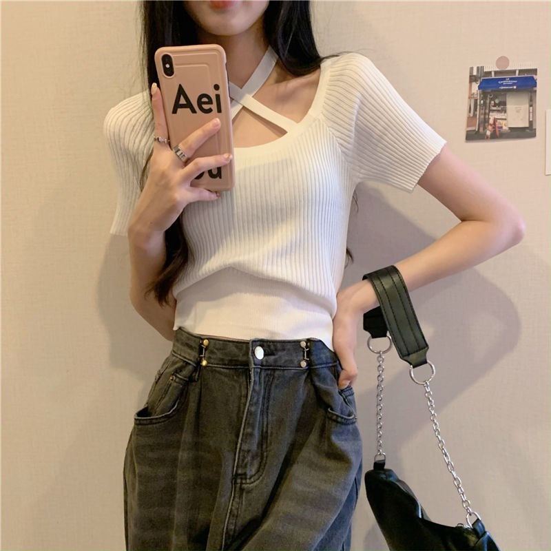 Áo Thun Dệt Kim Ngắn Tay Dây Đan Chéo Lưng Thời Trang