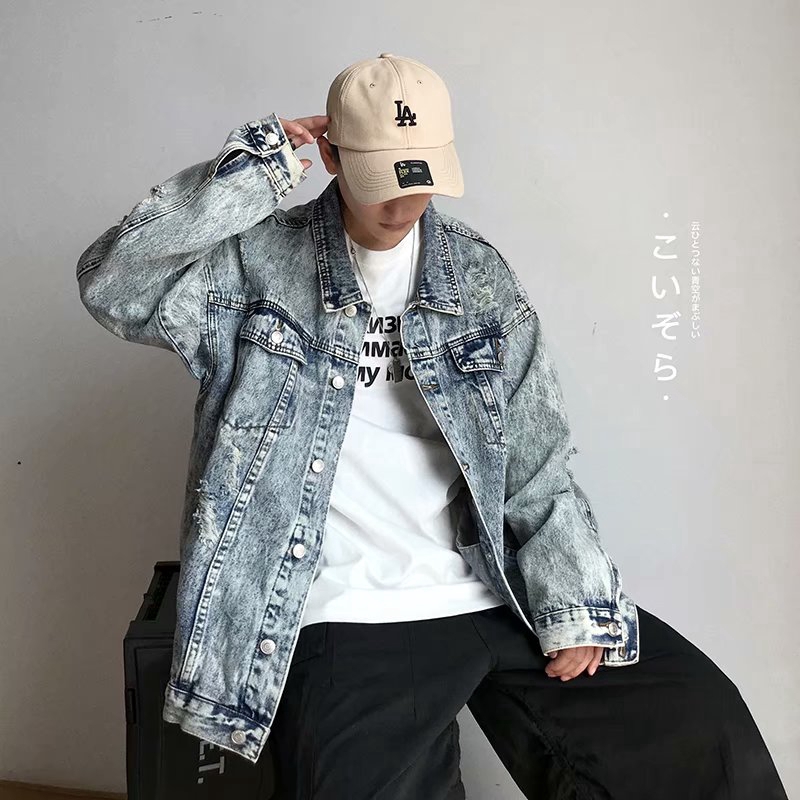 Ready Stock denim jacket Men's jackets Shredded denim jacket Printed jacket