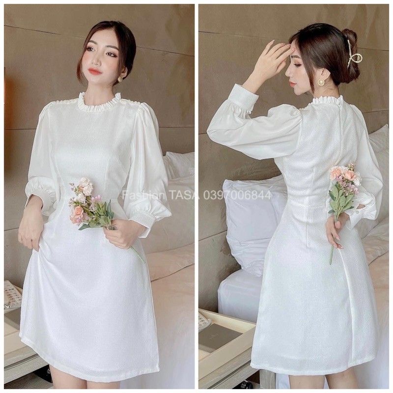 X2 Đầm trắng dự tiệc cổ tròn kiểu bèo tua xinh xắn tay dài phồng váy cưới cô dâu