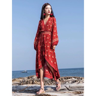 (Sẵn) Boho style | Váy boho cổ V dáng dài | Váy boho thổ cẩm đuôi tôm ( có ảnh thật )