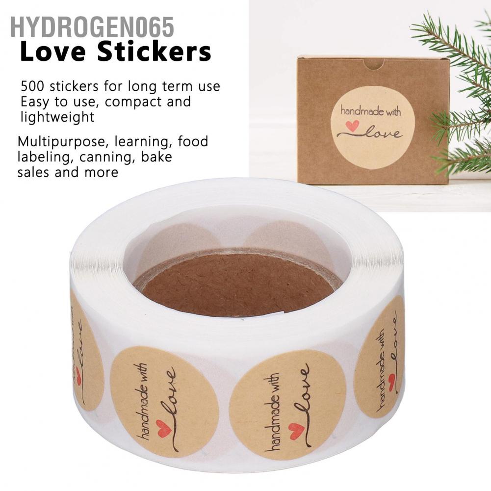 Hydrogen065 1 Roll Kraft Paper Stickers Handmade with Love Design Cute Heart Stationery Label for Food Labeling