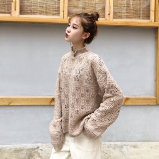 Áo len form rộng cổ lọ hoạ tiết