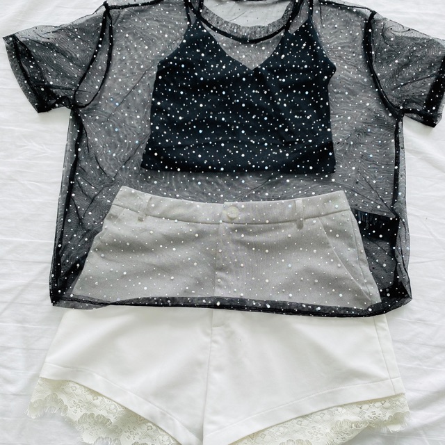Set áo voan H&M + quần đùi phối ren Marc + tặng áo 2 dây Topshop thanh lý size S (ảnh thật)