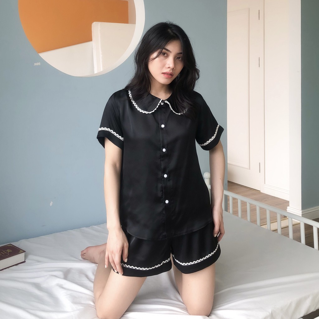 Bộ pijama lụa satin cao cấp viền ren sang chảnh