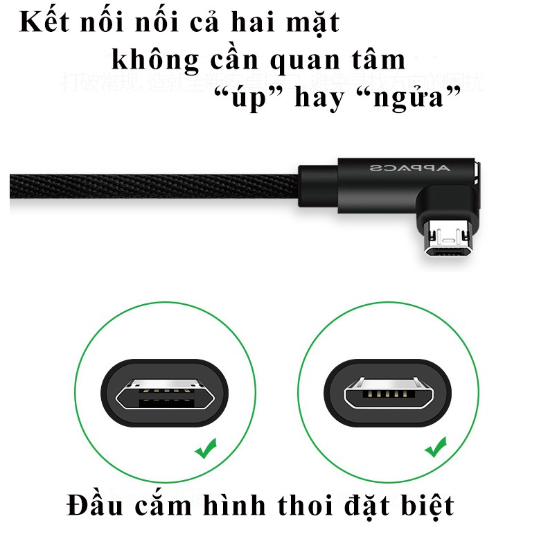 [Free ship] Cáp sạc nhanh micro USB dài 2m APPACS cao cấp chống vướng tay khi chơi game, xem phim...