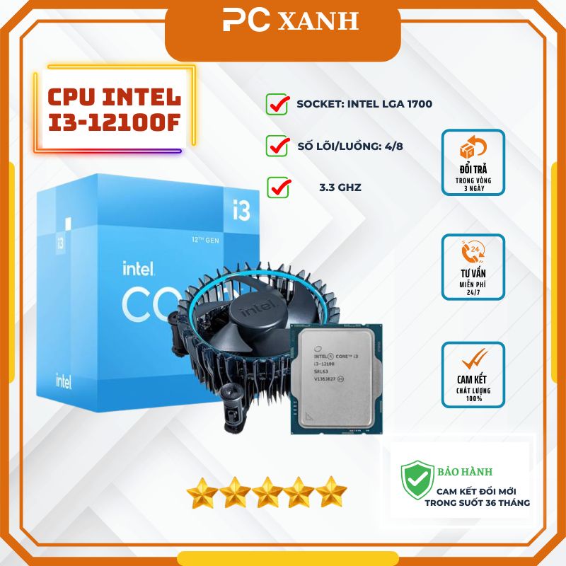 Bộ vi xử lý gaming CPU Intel Core i3 12100F 3.3GHz -Hàng chính hãng bảo hành 3 năm