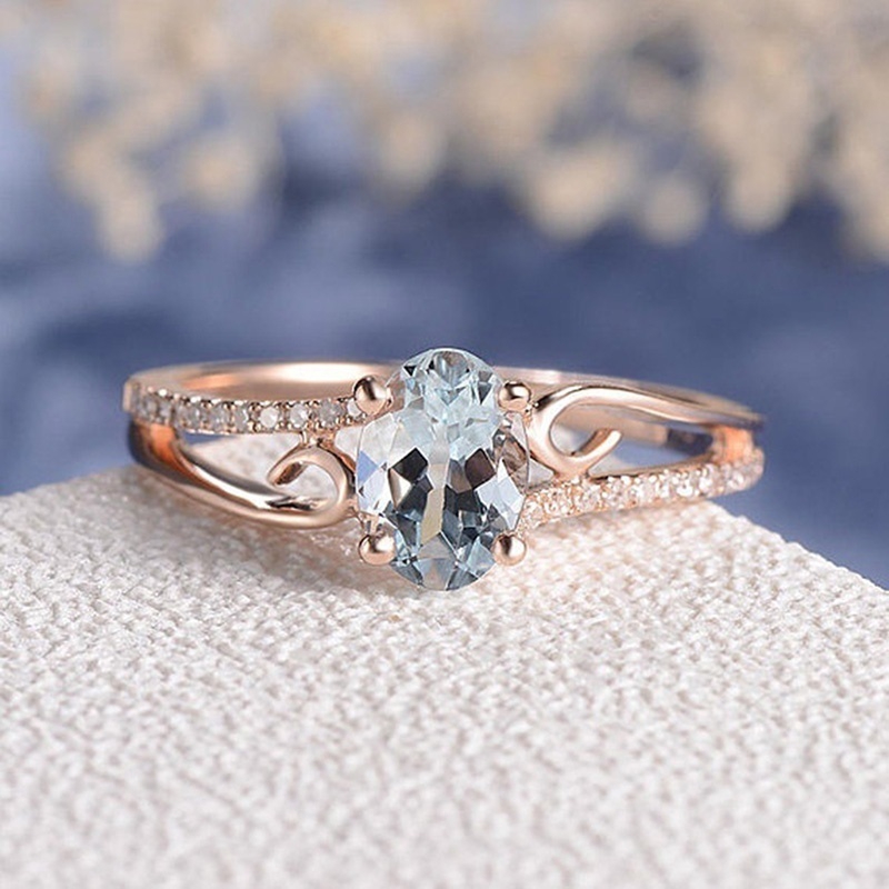 Exquisite Women Ring Oval Aquamarine White Sapphire Diamond Jewelry Bride Engagement Wedding Band Rings