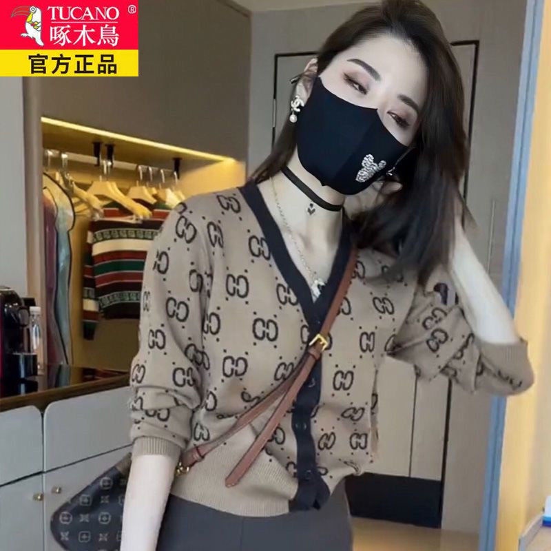 Áo Khoác Cardigan Len Dệt Kim Ngắn Cổ Chữ V In Chữ Phong Cách Mùa Xuân Phương Tây Cho Nữ Size 3.30Lol