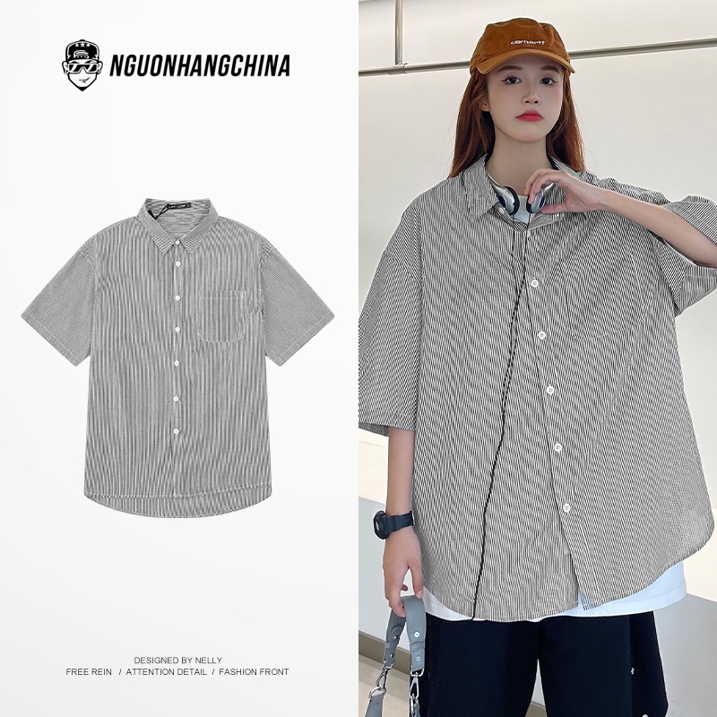 Áo sơ mi Nelly Heybig cộc tay kẻ sọc xám