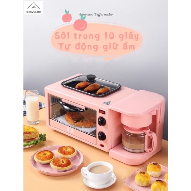 Lò nướng điện 3 in 1 nướng rán pha cafe đa năng, lò nướng bánh có tặng kèm nắp thủy tinh cao cấp